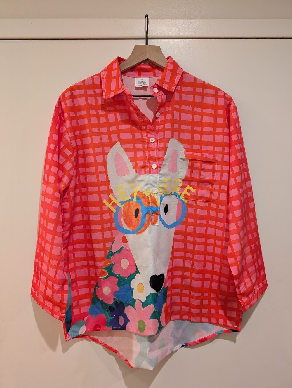 "Hey There" Pink and Coral Graphic Button-Up Blouse